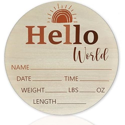 Hello World Birth Announcement 6" Round Birch Wood Newborn Sign for Nursery Hospital & Baby Shower, Personalized Baby Name Plaque, Keepsake Décor Gift for New Parents (Yellow Sunshine)
