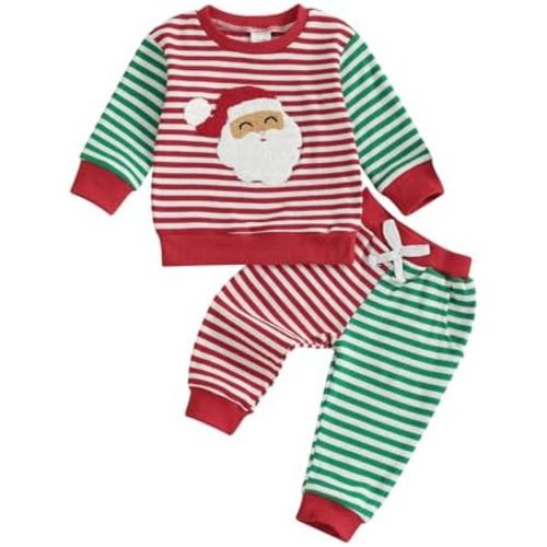 MERSARIPHY Toddler Baby Christmas Outfit Boy Girl Santa Outfit Long Sleeve Stripes Sweatshirt Pants Set Fall Winter Clothes