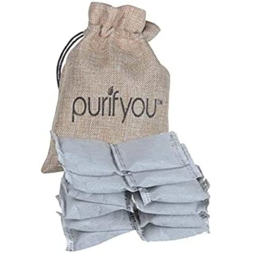 purifyou 100% Natural Bamboo Charcoal Air Purifying Bag - Set of 12 Carbon Filters | Deodorizer Bags, Odor Absorber for Diaper Pail, Trash, Shoes, Closets, Cars, Fridge, Pets
