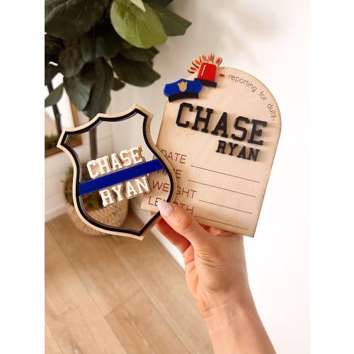 Police Baby Birth Stats Sign: Wooden Photo Prop Announcement