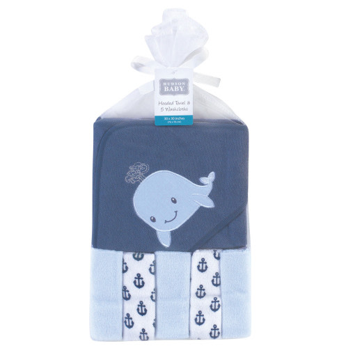 Hudson Baby Hooded Towel and Five Washcloths, Sailor Whale