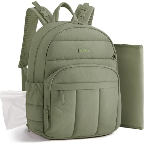 BAGSMART Diaper Bag Backpack, Multi-Pocket Puffy Diaper Bag with Waterproof Changing Pad, Lightweight Stroller-Friendly Diaper Bag with Insulated Pockets, Easy-Access Baby Essential, Green