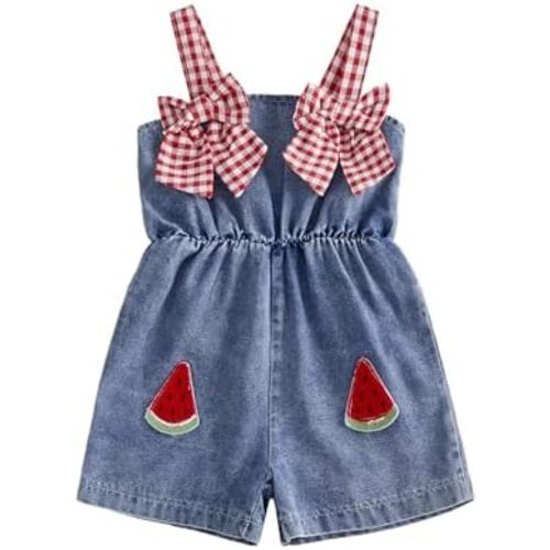 Baby Girl Denim Jumpsuit Toddler Plaid Bowknot Embroidery Romper Shorts Watermelon Overalls Summer Clothes