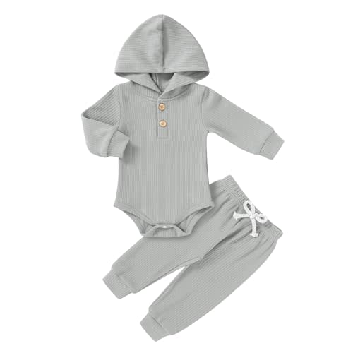 YOUNGER TREE Newborn Baby Boy Girl Clothes Hooded Long Sleeve Romper Pants Set Solid Ribbed Infant Fall Winter Outfits