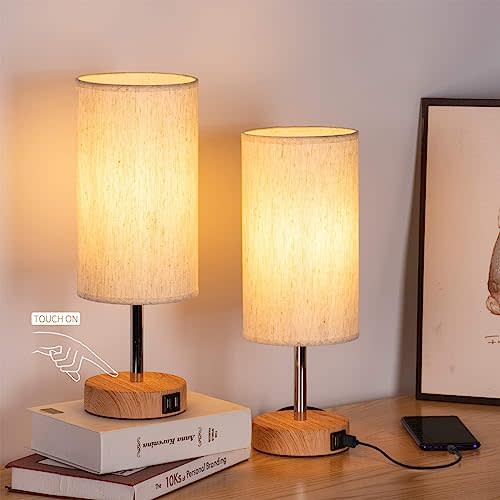 Yarra-Decor Bedside Lamps with USB Port - Touch Control Table Lamp for Bedroom Wood 3 Way Dimmable Nightstand Lamp Set of 2 with Round Flaxen Fabric Shade for Living Room, Dorm, Home Office (2 Pack)
