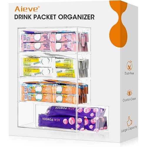 AIEVE Drink Packet Organizer, Drink Mix Holder with 4 Clear Drawers