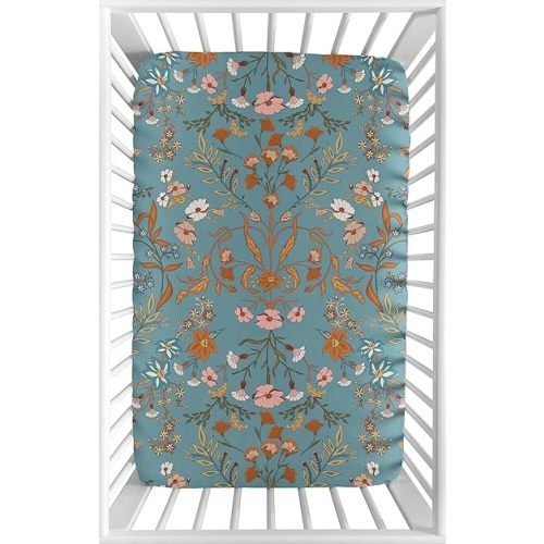 Sweet Jojo Designs Baby Fitted Mini Crib Sheet (Blue Wildflower Vintage Floral) for Girls, Newborn/Infant Nursery, Play Yards, Portable Cribs (Boho, Botanical, Bohemian, Farmhouse, Cottagecore, Teal)