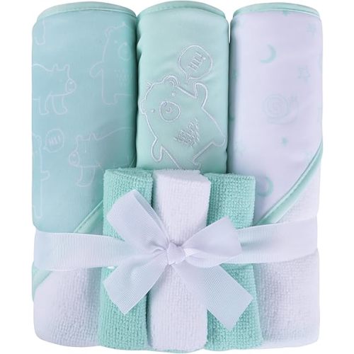 Viviland Baby Towels and Baby Wash Cloths Set Hooded Baby Towels Baby Wipes Absorbent Bath Face Towels Burp Cloths or Face Towels for Girl Boy 6-Pack Size 28 x 28 Inch(Green Bear)