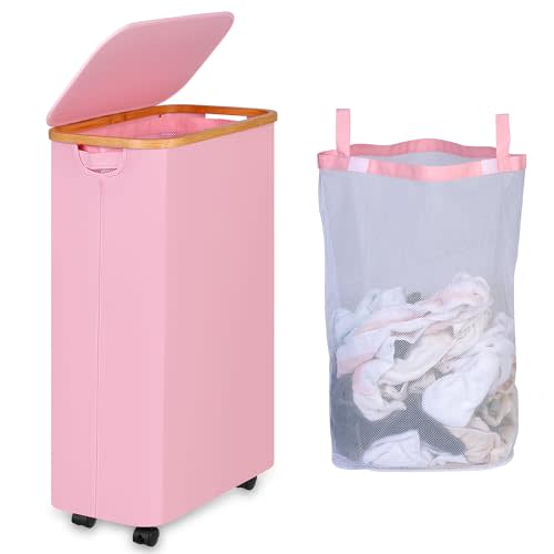 iEGrow 75L Laundry Basket with Wheels,Clothes Hamper for Laundry,Laundry Hamper with Lid and Inner Bag, for Laundry Room, Bedroom, Dormitory Storage,Pink