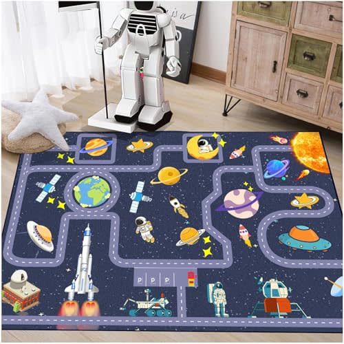 Outer Space Kid Rug,Boys Car Rug for Kids Toy Cars Have Fun Safely, Non-Slip Educational City Road Rugs Carpets for Kid Room Bedroom(118×78 in