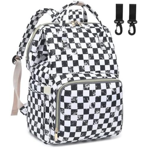 Marble Checkered Baby Diaper Bag Backpack for Women, Large Capacity Waterproof Maternity Travel Nappy Backpacks with Stroller Straps