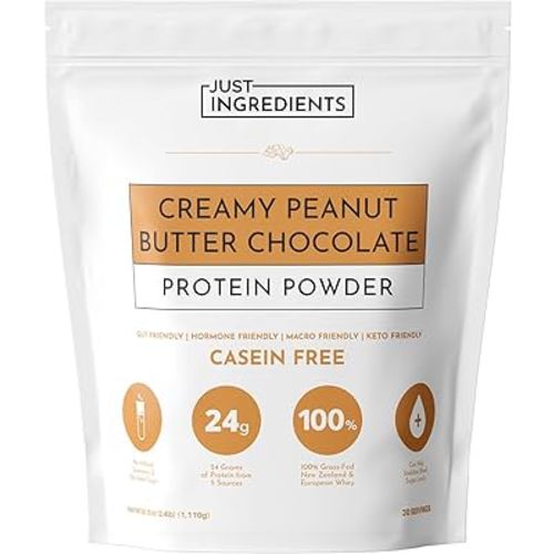 JUST INGREDIENTS Creamy Peanut Butter Chocolate Protein Powder – 30-ServingBlend with Grass-Fed Whey, Pea, Pumpkin Seed, Chia & Collagen – No Sugar Added – No Gums 24g Protein