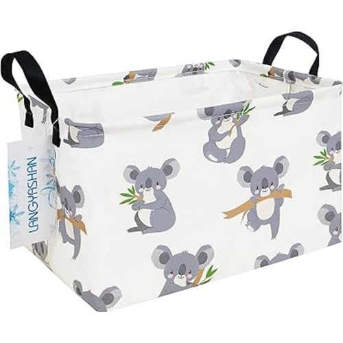 LANGYASHAN Rectangular Storage Bin Collapse Canvas Fabric Cartoon Storage Basket with Handles for Organizing Home Kitchen Boys and Girls Toys Office Closet Shelf Baskets (Rec Koala)
