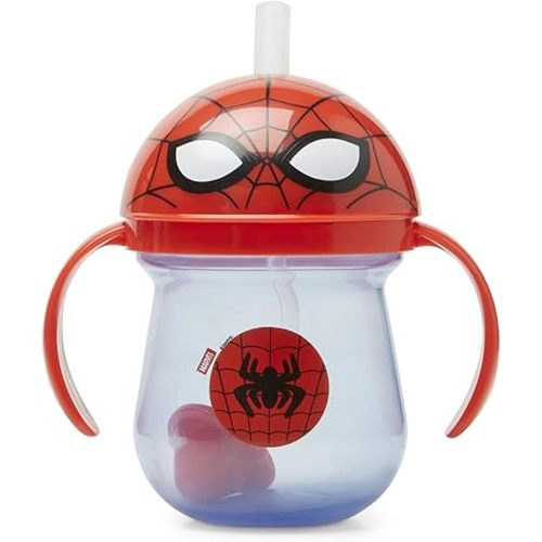 The First Years Spidey and his Amazing Friends Weighted Straw Cup - Spill-Proof Spider-Man Toddler Cup with Flip-Top Cover - Dishwasher Safe - 7 Oz - Ages 6 Months and Up