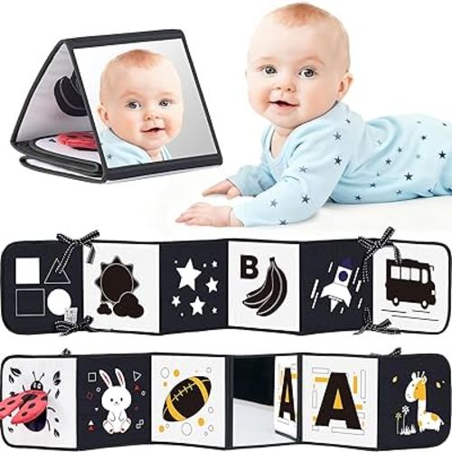 Black and White Baby Books for Newborn - Tummy Time Mirror & Sensory Toys Soft Montessori Toy for Infant Visual Stimulation, Brain Development & Early Learning - High Contrast Toys for 0-6 Months