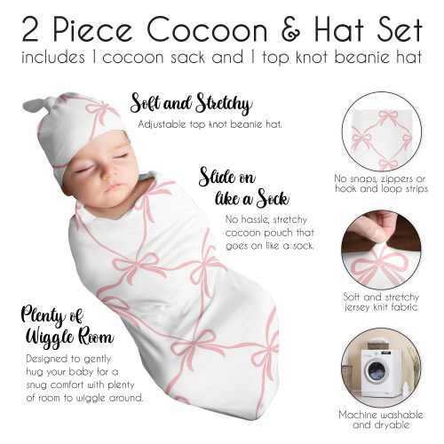 Sweet Jojo Designs Pink Bows Girl Baby Cocoon and Beanie Hat Sleep Sack 2pc Set -for Ballerina Ballet Dancer Princess Collection