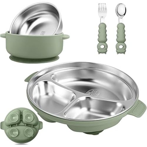 Stainless Steel Baby Plate and Bowl with Suction, Baby Bowl and Divided Kids Toddler Plate with Removable Silicone Shell, Non-Slip Toddler Baby Feeding Set, Forks + Spoons Included-Green