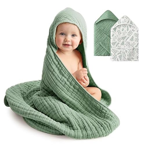 Baby Bath Towels, 100% Muslin Cotton Hooded Baby Towels for Newborn, 2 Pack Baby Towels with Hood for Infant Toddler and Kids, Large 32x32Inch Unisex Bath Essentials, Soft and Absorbent