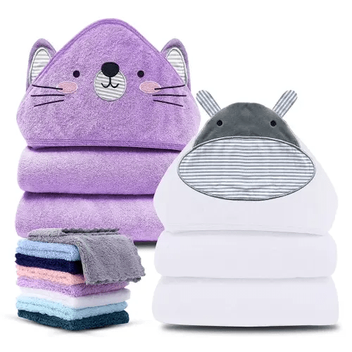 Cute Castle 2 Pack Hooded Baby Towel Rayon Made from Bamboo with 8 Washcloths - Soft Bath Towel for Bathtub for Babie, Newborn, Infant, Natural Baby Stuff Towel (Hippo and Cat)
