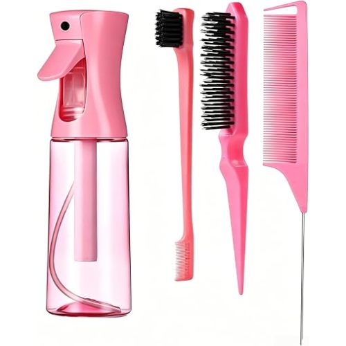 Hair Brush Set with Continuous Spray Bottle,Slick Back Hair Brush Back Brushing, Combing, Slicking Hair (PINK)