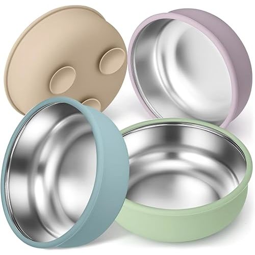 4 Pack 304 Stainless Steel Bowls with Removable Silicone Shell, Heat-Resistant Spill-Proof Suction Bowls, Non-Slip with & Unbreakable Design (4 Colours)