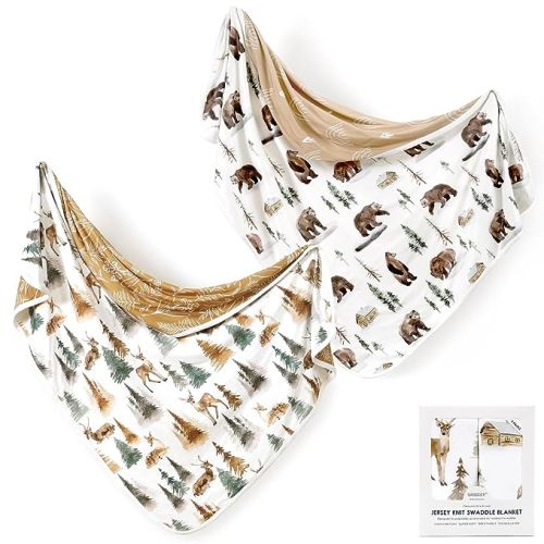 GRSSDER Baby Blankets Super Soft Stretchy Jersey Swaddle Blankets 2 Pack for Baby Boys, Double Layer Reversible Receiving Blankets 34 x 44, Extra Large for Swaddling, Deer & Forest