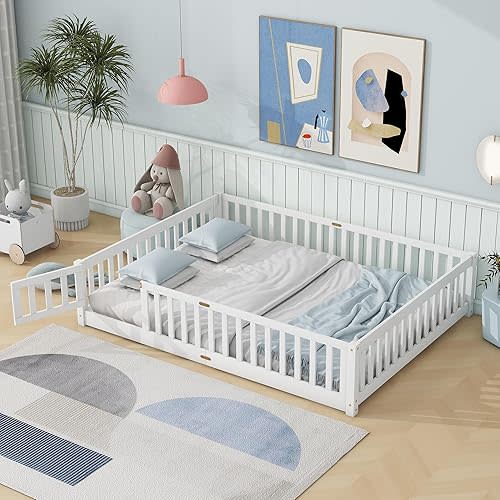 Queen Size Floor Bed for Kids, Wood Montessori Floor Beds with Fence Railings, Door & Slats Support, Queen Playhouse Bed Frame for Boys Girls, No Box Spring Needed, White