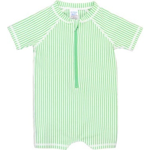 Spring Green Stripe Seersucker One-Piece Rashguard Swimsuit, 3-6M