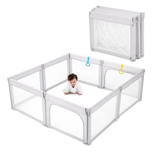 Doradotey Foldable 71"x79" Baby Playpen – 8-Panel Breathable Mesh Play Yard with Shape-Flex Design, Easy No-Tools Setup & Portable Storage for Indoor/Outdoor Safety, Light Grey