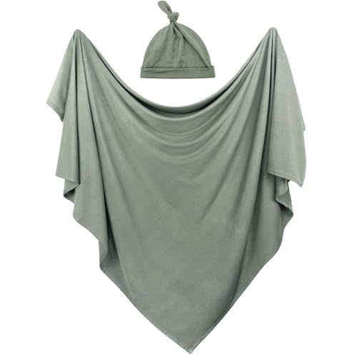 OWLOWLA Swaddle Blanket and Hat Set Newborn Swaddle Wrap Baby Receiving Blanket for Baby Boys Girls(Olive)