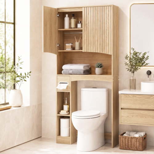 Ktaxon Large Fluted Over the Toilet Bathroom Storage Cabinet Space Saver, Oak