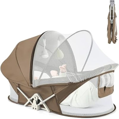 Portable Baby Bassinet for Baby Travel, Baby Cribs Travel Pod for Outdoors Baby Lounger Infant Travel Bed with Mosquito Net and Sunshade Canopy, Lightweight Washable (Brown)