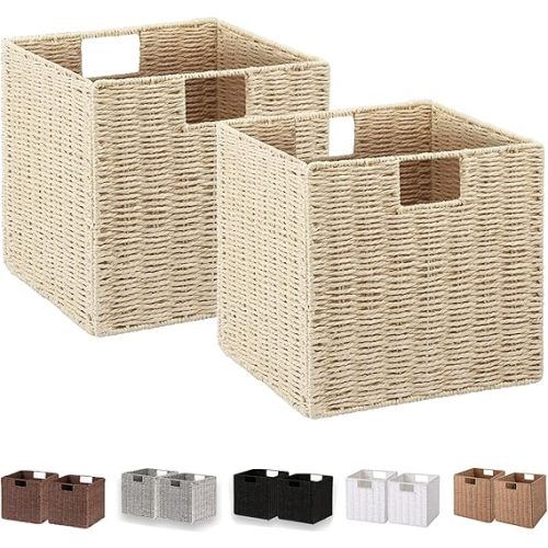 Vagusicc Wicker Storage Basket, Set of 2 Hand-Woven Paper Rope Storage Baskets, Foldable Cube Storage Organizer Bins, 11 Inch Wicker Storage Baskets for Shelves and Decor, Square Storage Basket, Beige