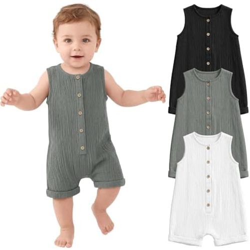 Halfchet 3 Pack Baby Boys Jumpsuit Cotton Newborn Romper Sleeveless Button Infant Playsuit Summer Outfit Clothes 0-24M