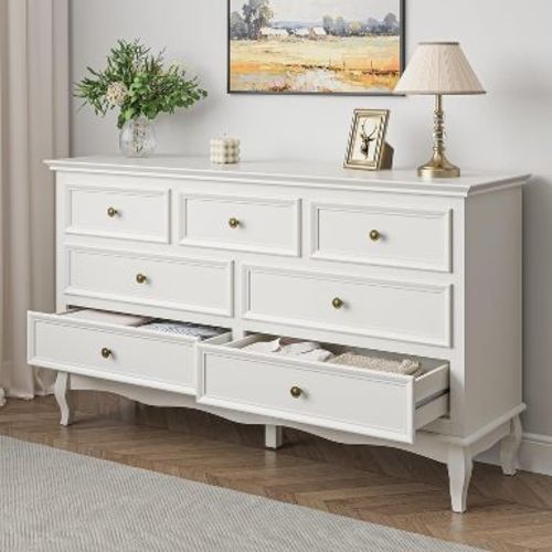 Heynemo Dresser for Bedroom, Modern 7 Drawer Dresser with Solid Wood Legs and Painted Finish, Ideal for Nursery, Living Room, Hallway White