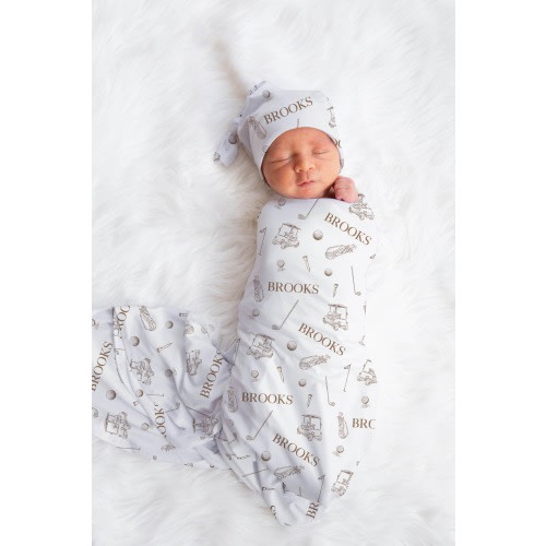 Personalized Golf Boy Swaddle and Hat Custom Golf Baby Blanket Golf Nursery Decor Boy Sport Nursery Bedding Golf  | Golfing Monochrome Tan