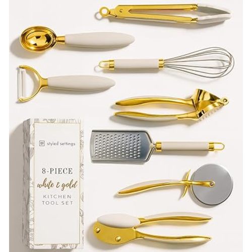 White & Gold Cooking Utensils Set - Luxe 8-Piece Kitchen Gadget Set Includes Can Opener, Tongs and Garlic Press - Stylish White and Gold Kitchen Accessories for Modern Kitchens, Ideal for Gifting
