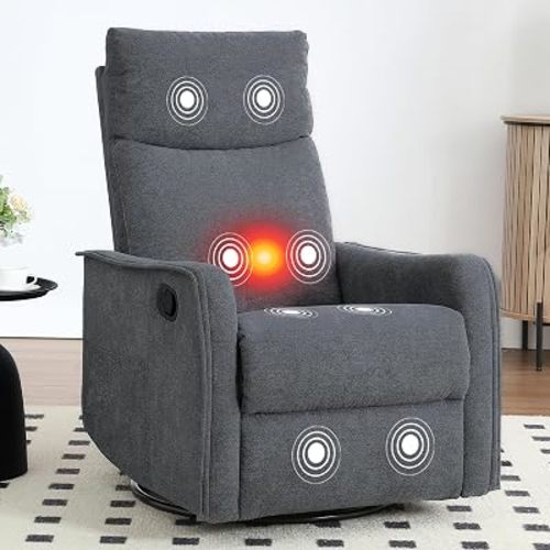 Massage Rocker Swivel Recliner Chair for Adults, Manual Recliner Glider with Lumbar Heating, Technical Flannel Fabric Nursery Glider Rocking Chair with Vibration Massage for Living Room - Grey