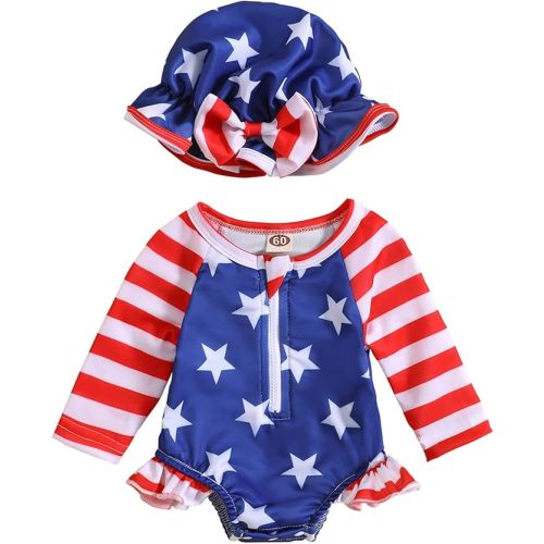 Baby Girls Swimsuit Long Sleeve Zipper Bathing Suit One Piece Swimwear with Hat - 6-12 Months - American Flag