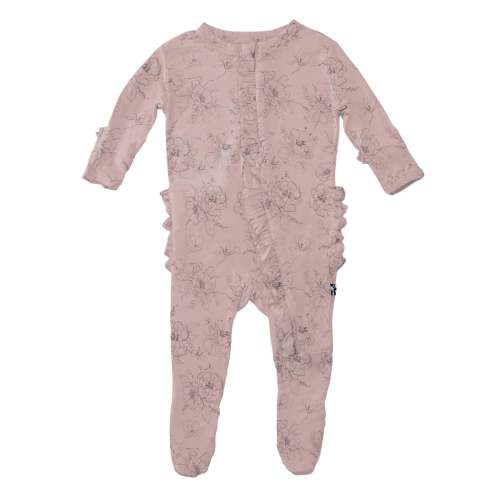 Print Layette Ruffle Footie with 2 Way Zipper in Baby Rose Pencil Floral