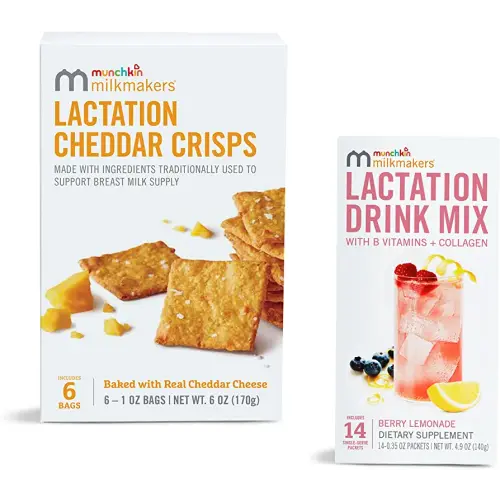 Munchkin® Milkmakers® Lactation Drink Mix Supplement with B Vitamin & Milk Thistle, 14 Count and Lactation Cheddar Crisps for Breastfeeding Moms with Oats and Flax, 6 Count