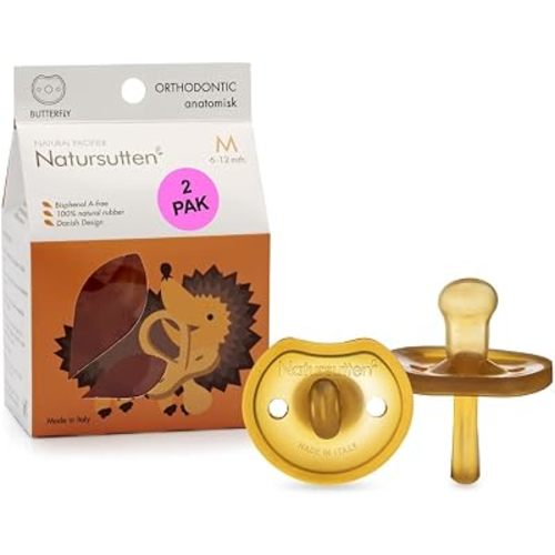 Natursutten 2-Pack Natural Rubber Pacifiers - Safe & Soft BPA-Free Pacifier for Breastfeeding Babies, Made in Italy, Butterfly Shield Orthodontic Nipple, 6-12 Months