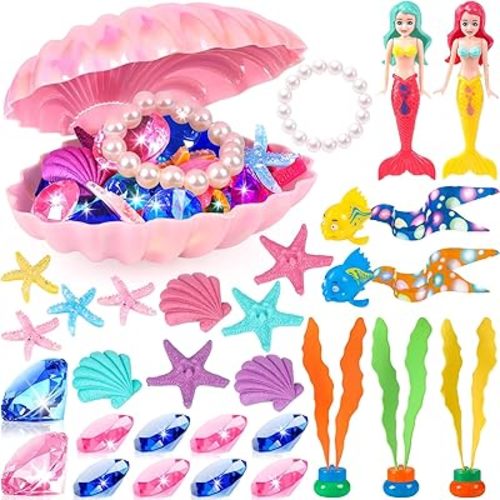 Pool Toys, 31Pcs Mermaid Toys Diving Toys with Shell Treasure Chests and Storage Bag, Swimming Pool Games Summer Water Toy Gift Set for Kids Toddlers Girls Boys