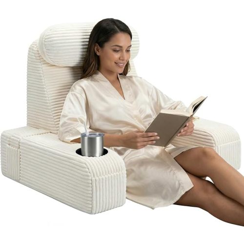 Reading Pillow/Backrest Pillow with Arms, Cup Holder & Phone Pocket