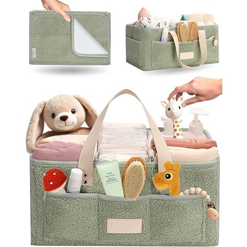 Toodly Baby Diaper Caddy Organizer with Portable Changing Mat - Teddy Fleece Diaper Organizer for Changing Table - Basket for Changing Essentials - Baby Essentials Organizer with Removable Dividers