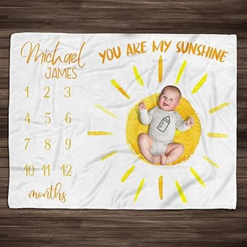 L&NG Personalized Sun-Themed Baby Blanket, Sun Milestone Blankets, You are My Sunshine Baby Blankets, Newborn Gift, Sunshine Milestone Blanket's, Sun Pattern Baby Bedding