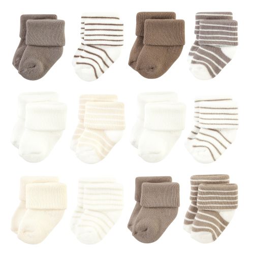 Hudson Baby Infant Boy Cotton Rich Newborn and Terry Socks, Beige Stripe 12 Pack