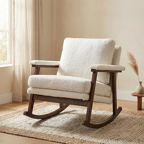 Rocking Chair for Nursery, Living Room & Bedroom, Upholstered Accent Chair with Solid Rubberwood Frame, Cozy Reading Chair for Small Spaces,White