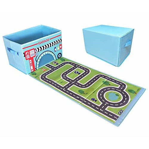 EMBRACE PLAY Toy storage box with car rug play mat - Toy box for boys and girls - 2 in 1 collapsible toy car storage- toyboxes for children - toy boxes for kids (BLUE)