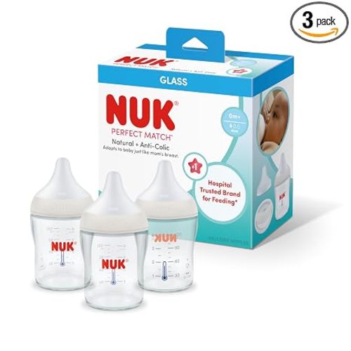 NUK Perfect Match Glass Natural + Anti-Colic Bottle, 4 oz. Glass Baby Bottles with SafeTemp Temperature Indicator, Newborn Essentials, 3-Pack